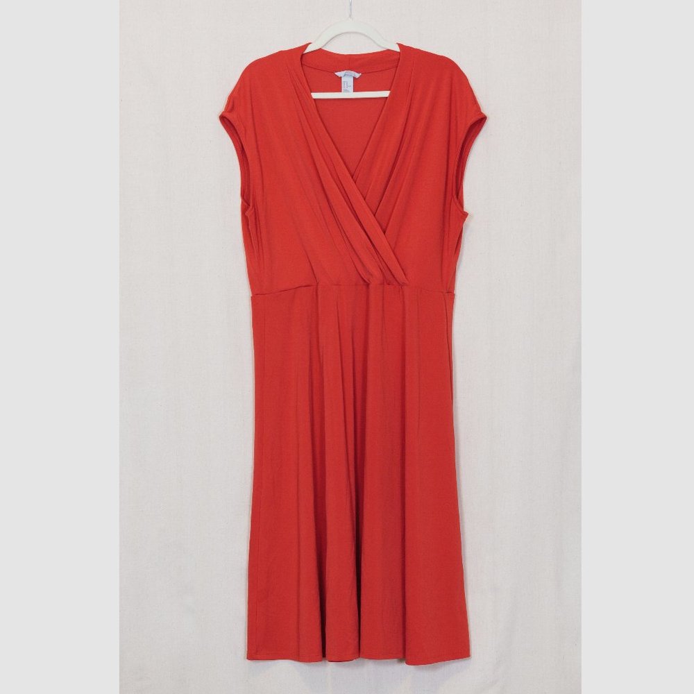 H&M Red-Orange wrap top shoulder sleeve below knee dress